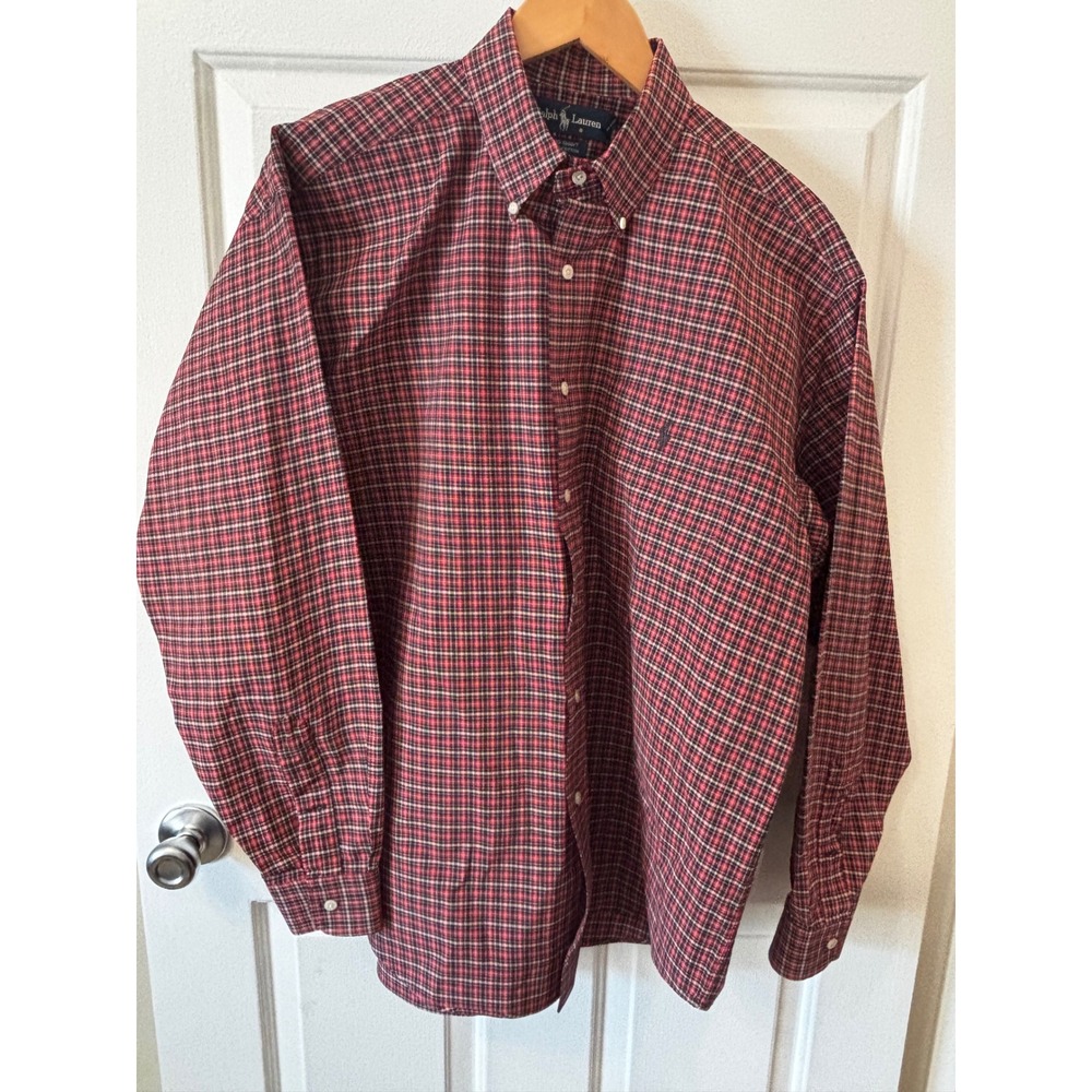 Ralph Lauren Big Shirt Red Black Plaid Cotton Button Down Long Sleeve Men Lg